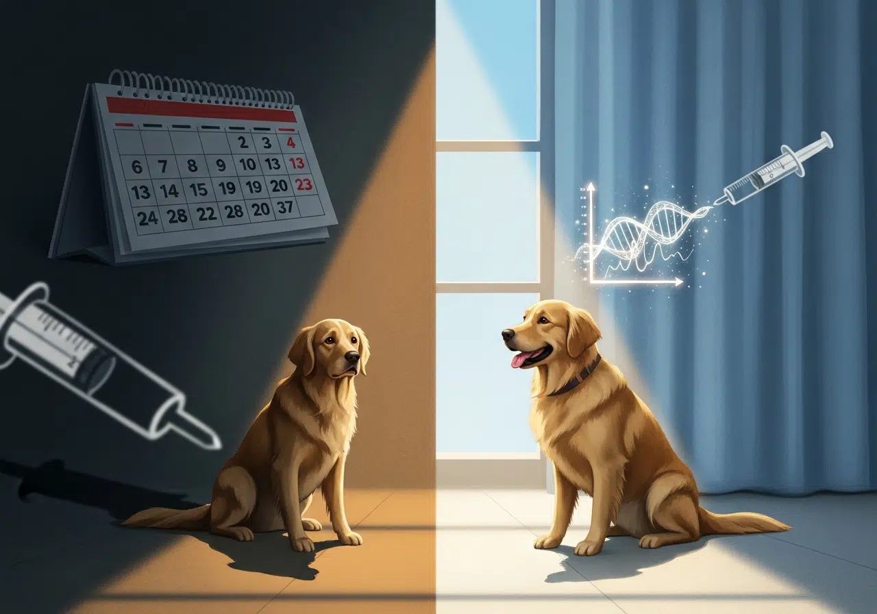 Ilustración conceptual de un perro, dividida entre la vacunación anual tradicional y la moderna medicina veterinaria basada en ciencia y tests.