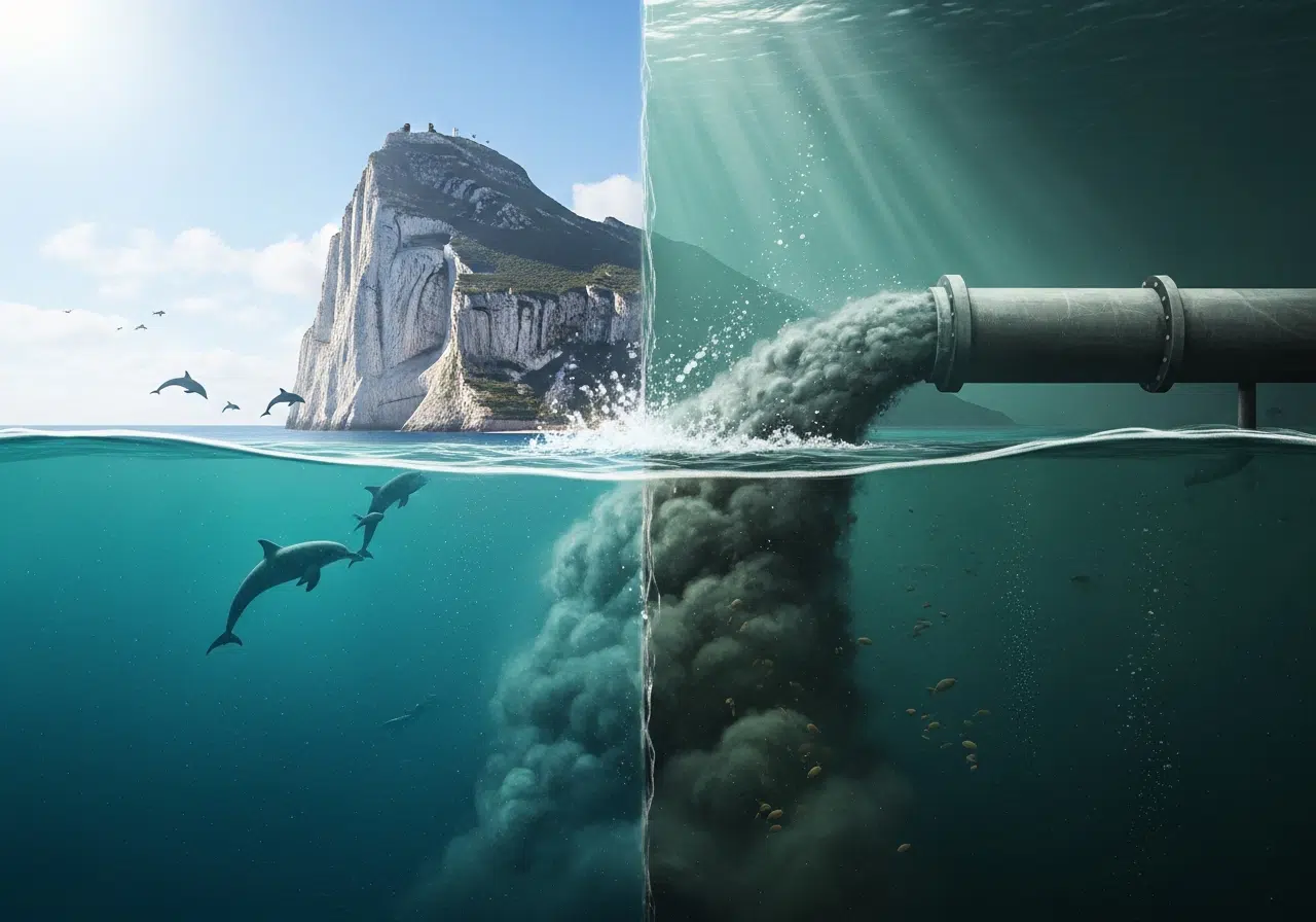 Peñón de Gibraltar en contraste conceptual: un lado con mar prístino y otro con grave contaminación acuática.