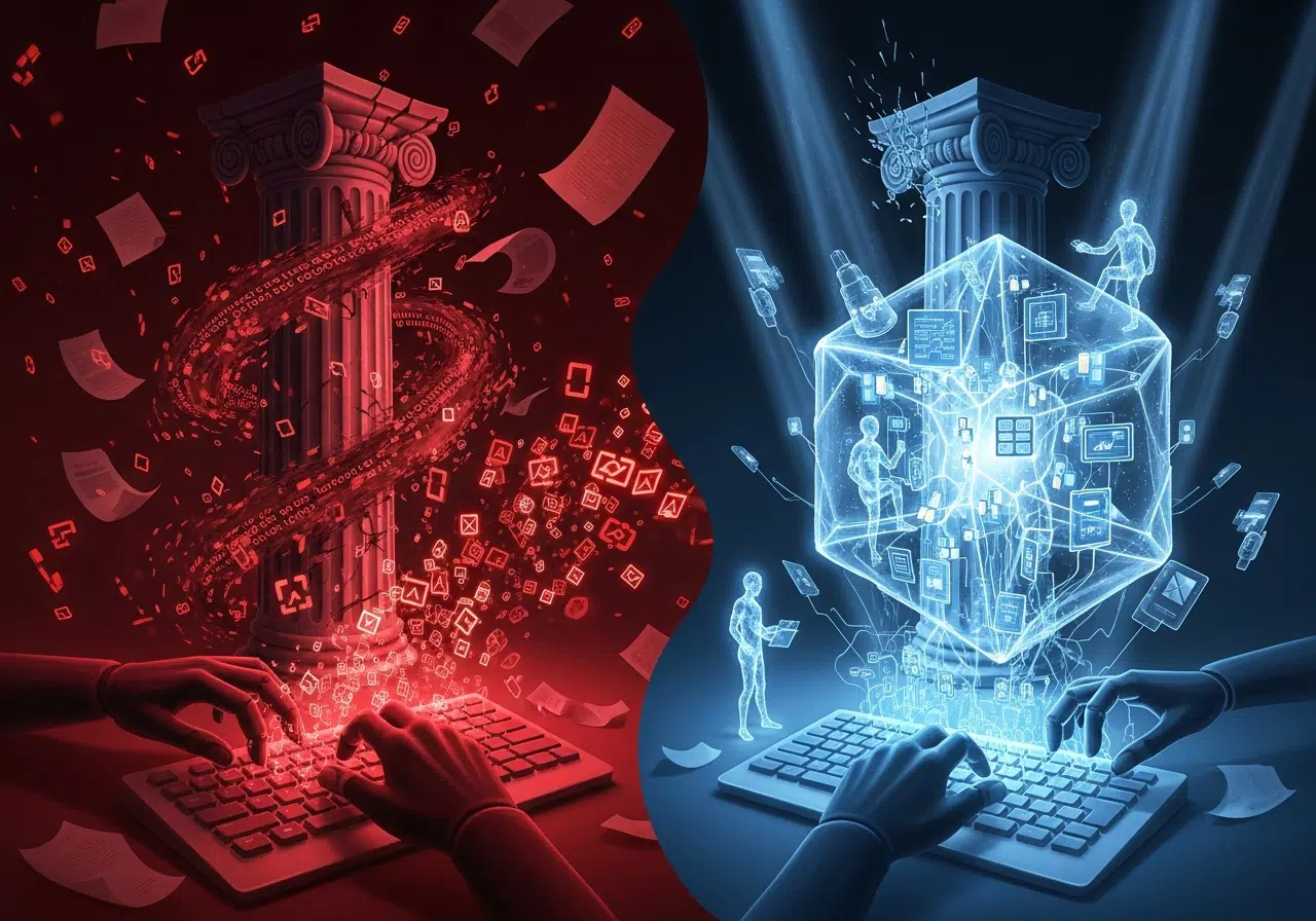 Ilustración conceptual del fraude de IA en la ciencia, contrastando el caos de un sistema roto con la búsqueda de un orden transparente y riguroso.