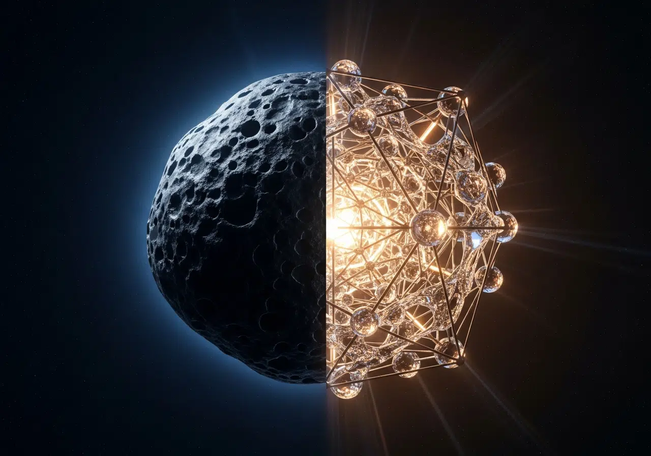 Ilustración conceptual de un meteorito antiguo revelando la brillante y compleja estructura atómica de un nuevo material.