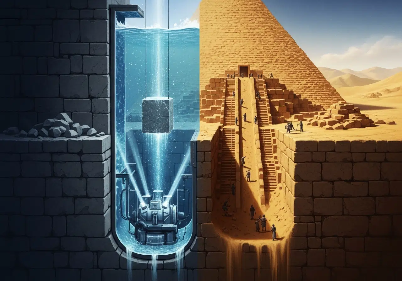 Ilustración conceptual de la construcción de pirámides, contrastando un ingenioso ascensor de agua con rampas exteriores.