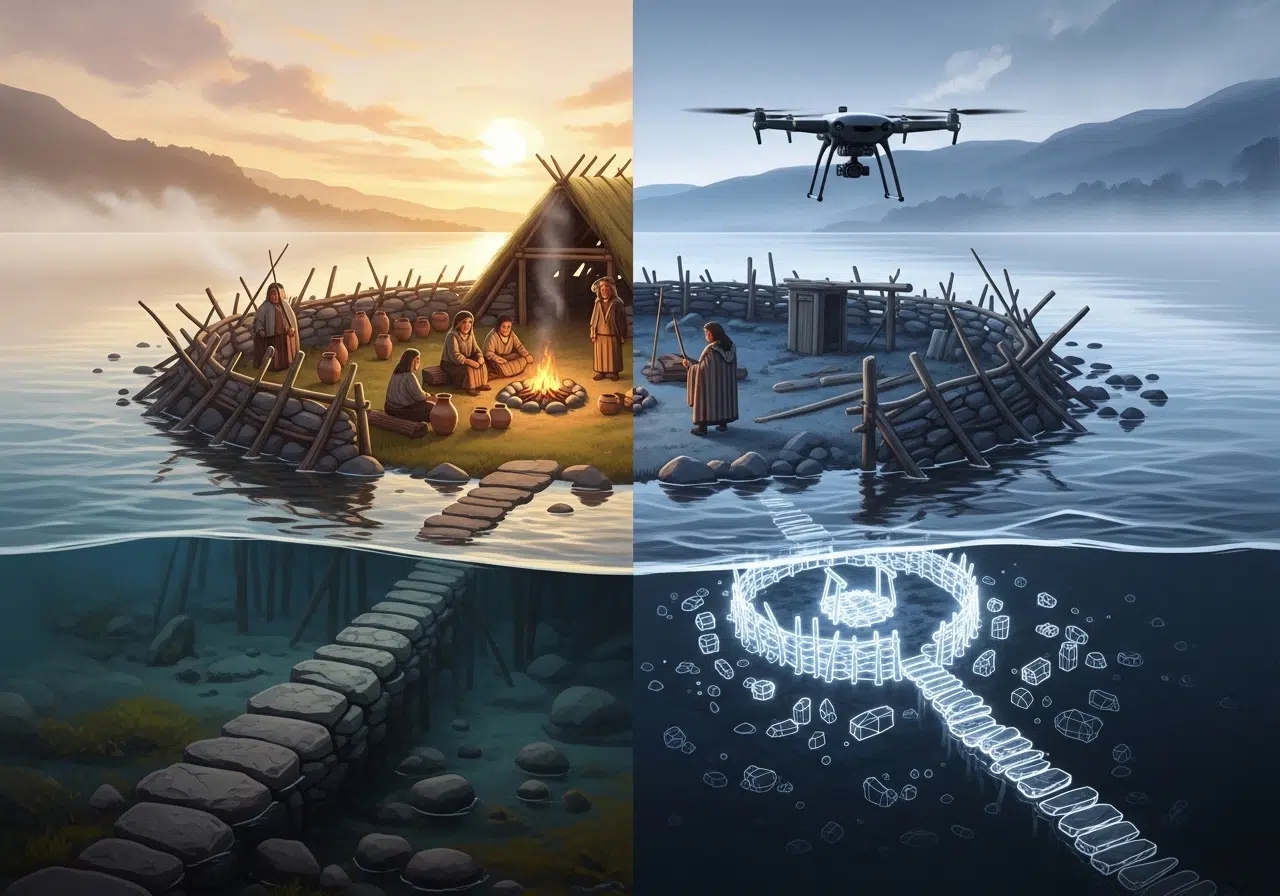 Ilustración conceptual de una isla artificial neolítica en Escocia, dividida entre su pasado y el descubrimiento actual con tecnología 3D.