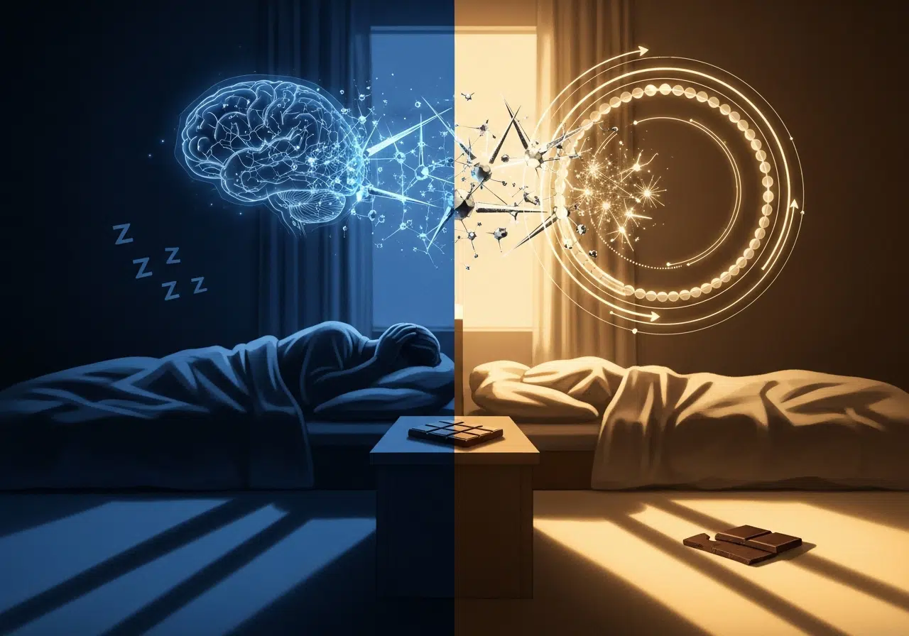 Ilustración conceptual del chocolate: insomnio nocturno contrastado con un reloj biológico en armonía de día.