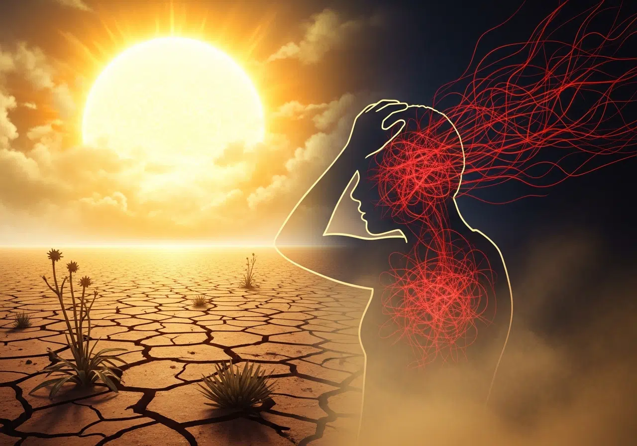 Ilustración conceptual sobre la ola de calor en Colombia: tierra agrietada y silueta de persona que sufre por el calor extremo.