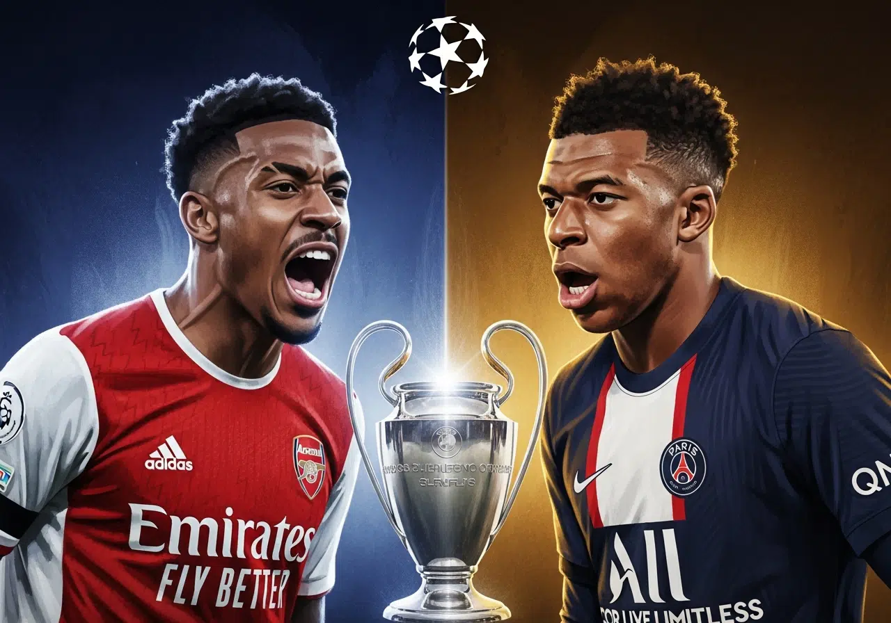 Ilustración conceptual del duelo ecuatoriano en la final de Champions, Pacho del PSG y Hincapié del Arsenal con el trofeo en el centro.