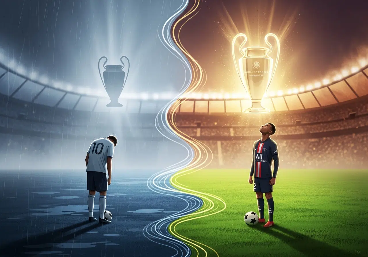 Ilustración conceptual del camino del PSG a la final de la Champions, contrastando la derrota pasada con la gloria presente.