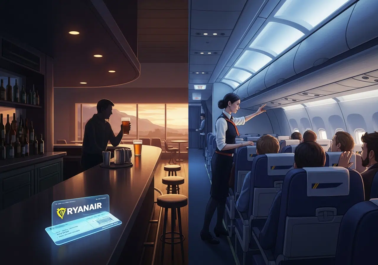 Ilustración conceptual del caos aéreo: bar de aeropuerto contrastando con un conflicto en un avión.