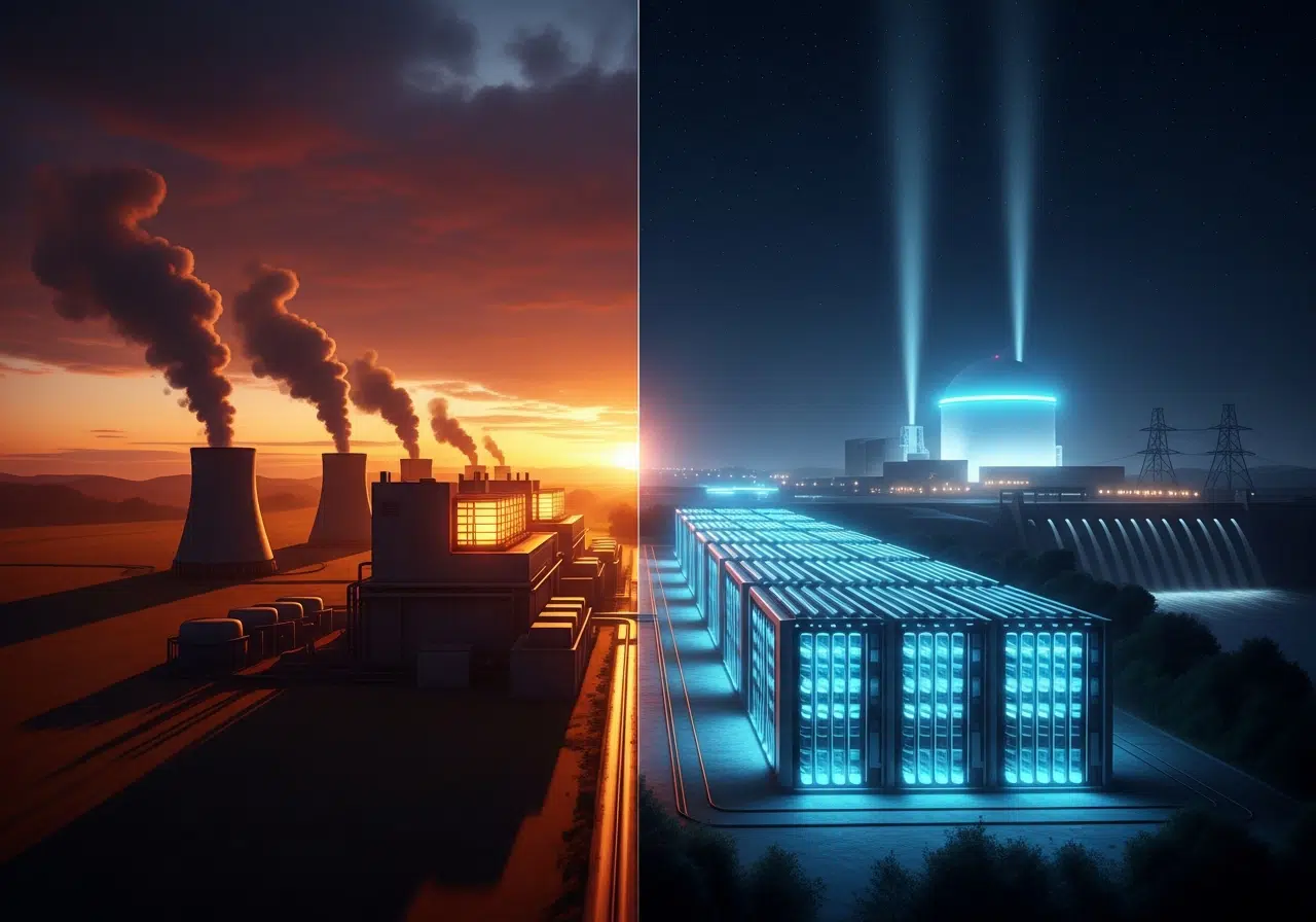 Ilustración conceptual del escudo energético europeo, contrastando la energía fósil con la energía nuclear, solar y las baterías de almacenamiento.