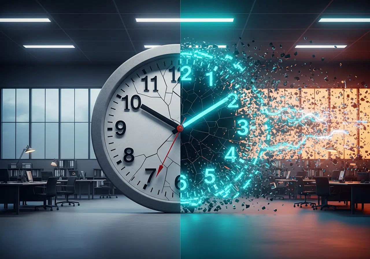 Reloj clásico que se rompe y se convierte en un flujo digital, simbolizando la reforma laboral alemana.