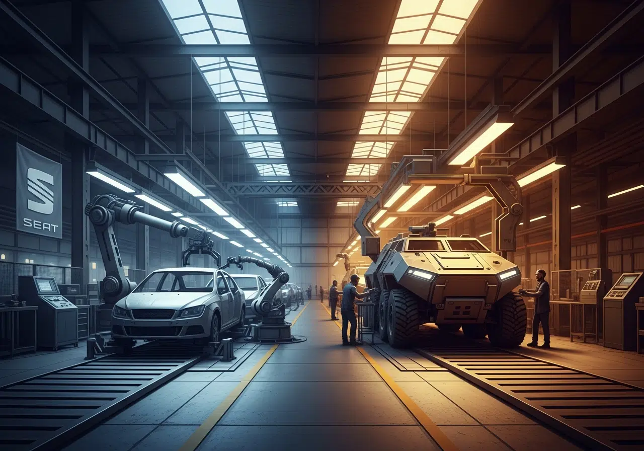 Ilustración conceptual de la reconversión de fábricas de automóviles en líneas de producción militar, simbolizando el cambio industrial en España.