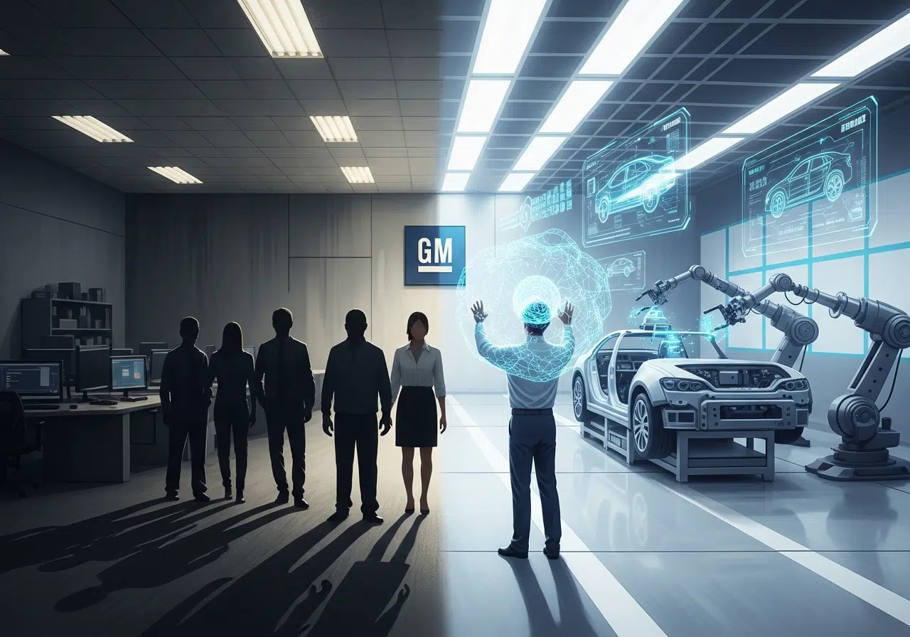 Ilustración conceptual del cambio en General Motors: trabajadores desplazados por la nueva era de inteligencia artificial.