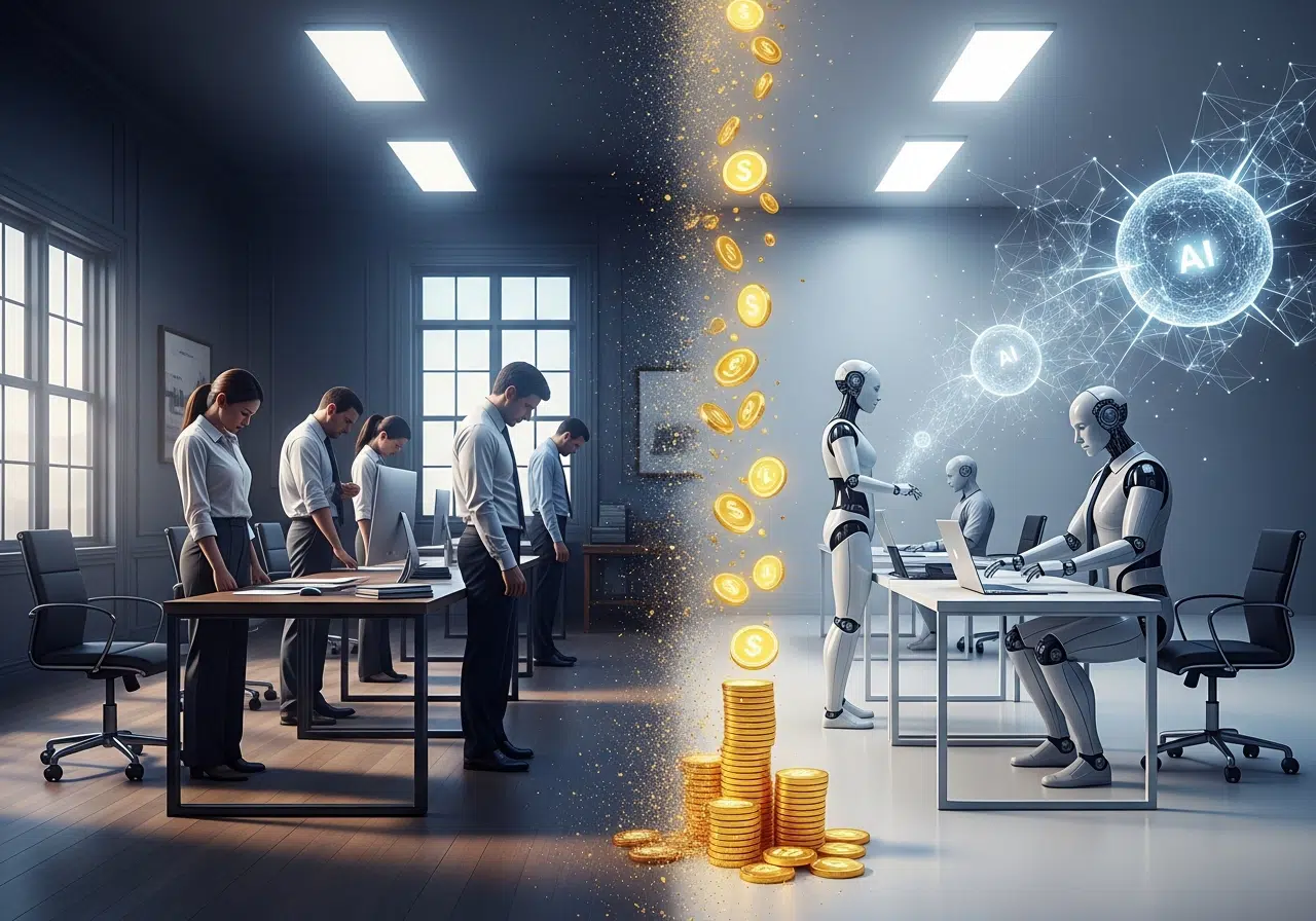 División vertical conceptual: trabajadores humanos desplazados a la izquierda y un robot generando impuestos a la derecha, simbolizando una nueva fiscalidad.