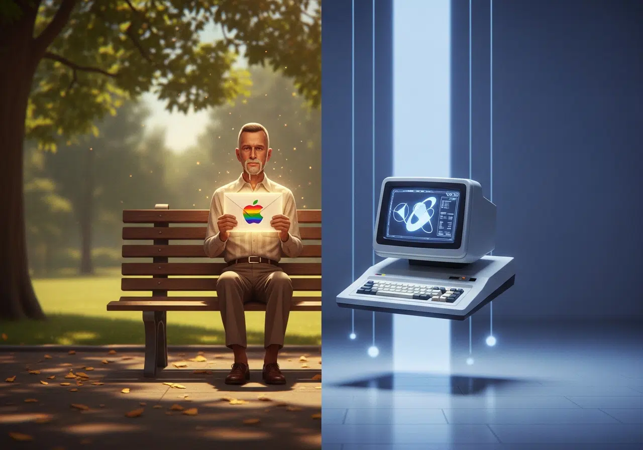 Forrest Gump con la carta de Apple y el ordenador Lisa en una ilustración conceptual dividida verticalmente, simbolizando una predicción tecnológica.