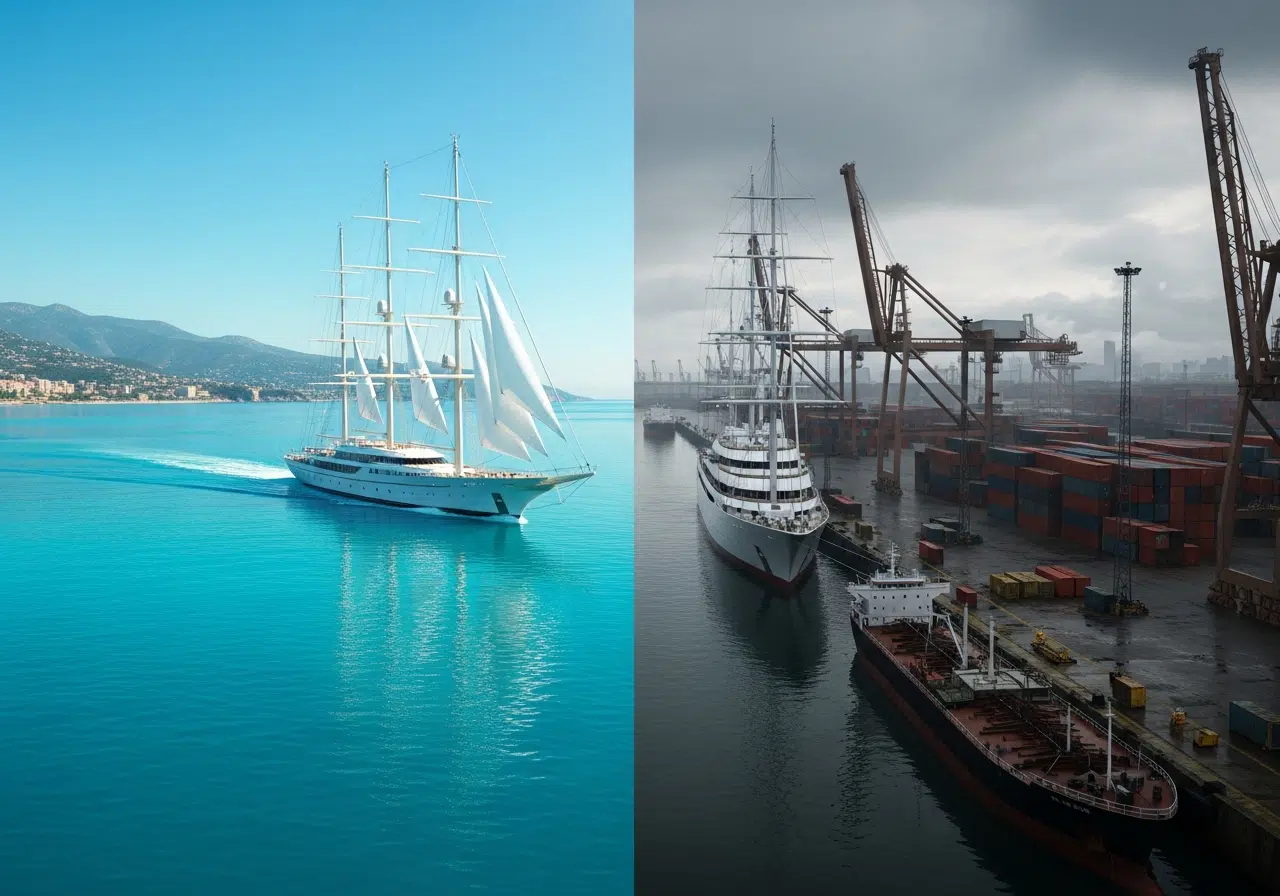 Ilustración conceptual del superyate Koru mostrando el contraste entre el lujo de un mar abierto y la pesadilla logística de un puerto industrial.