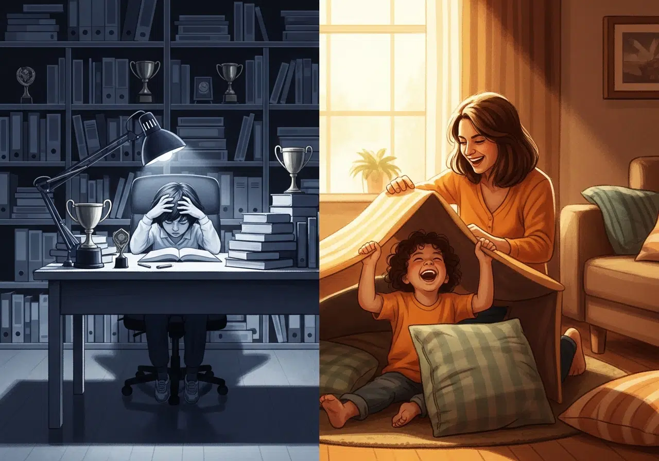 Ilustración conceptual del contraste entre crianza estricta y crianza relajada que prioriza la salud mental familiar.