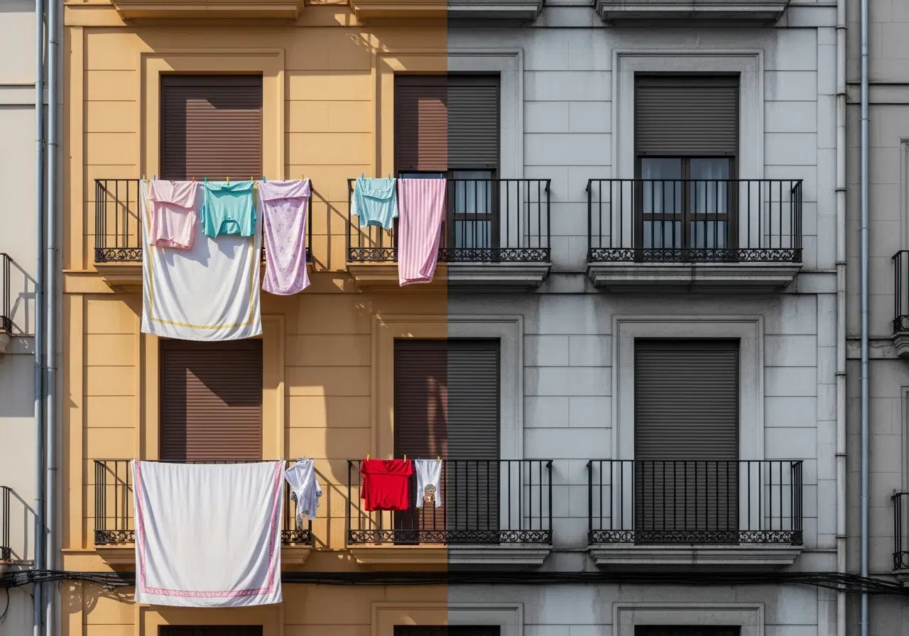 Ilustración conceptual de un balcón dividido: un lado con ropa tendida y colores vivos, el otro vacío y estéril.