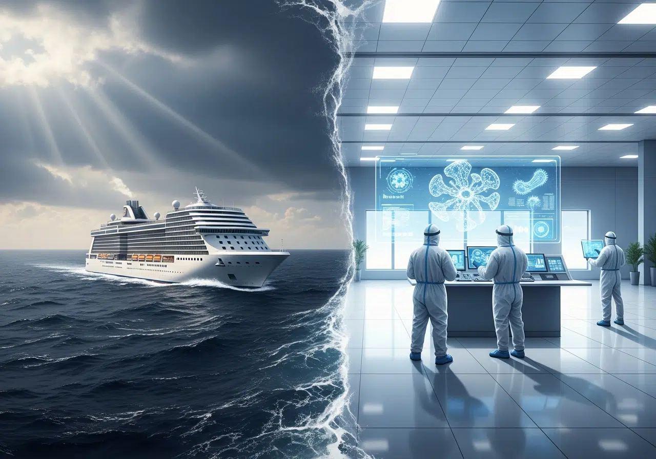Ilustración conceptual en pantalla dividida de un crucero en el mar y un equipo médico preparándose para una respuesta sanitaria.
