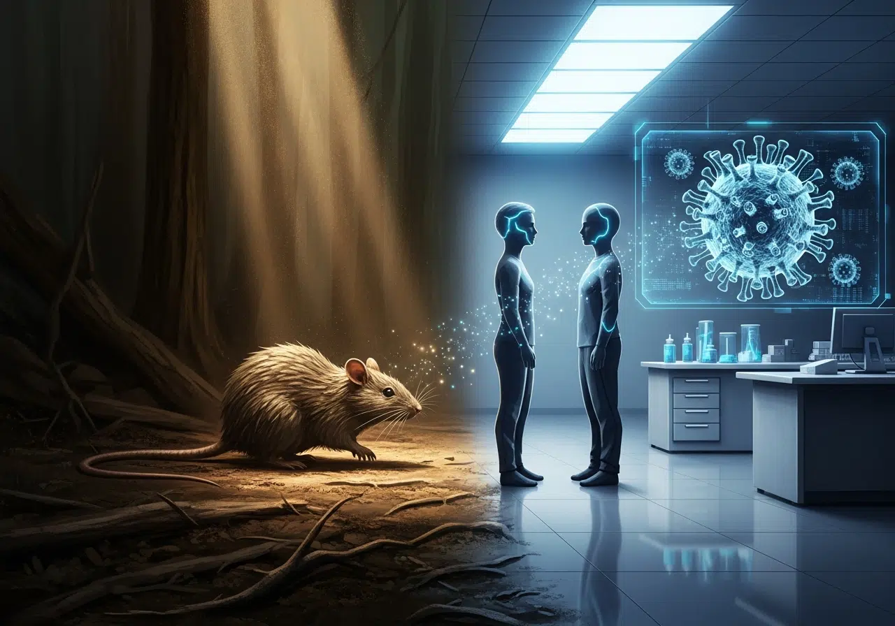 Ilustración conceptual del Hantavirus: el contraste entre contagio por roedores y transmisión humana.