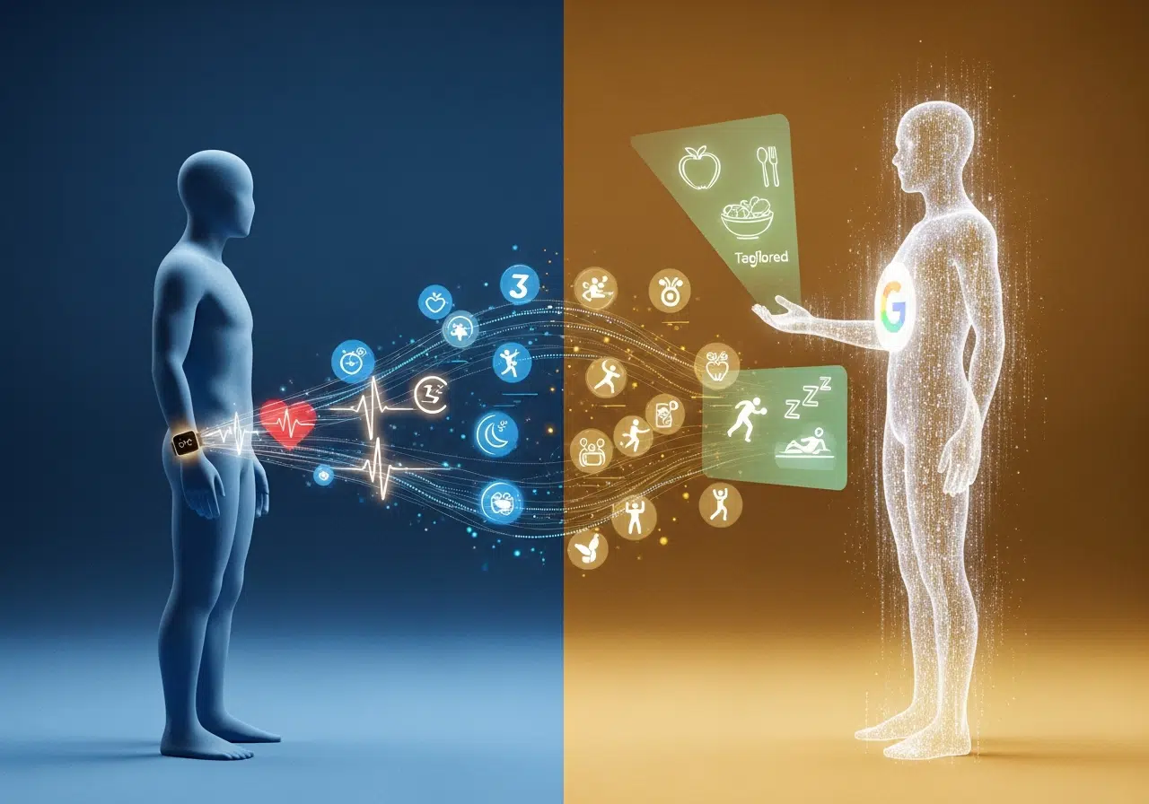 Ilustración conceptual de la IA de Google como entrenador personal transformando datos de salud en bienestar.