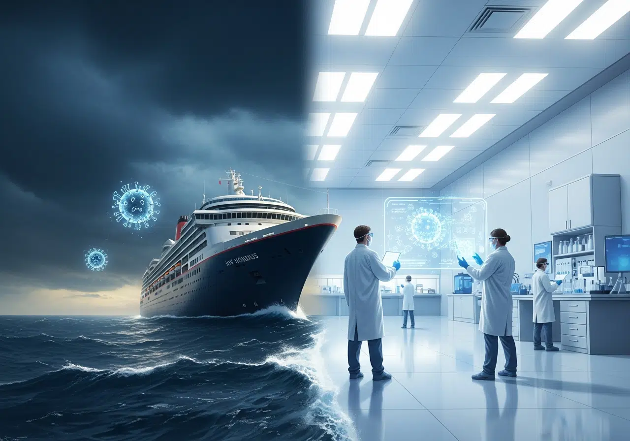 Ilustración conceptual del crucero con hantavirus: el pánico de una tormenta versus el control científico en un laboratorio.
