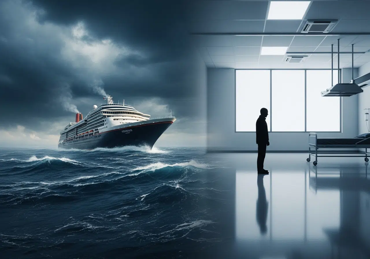 Ilustración dividida: un crucero en mar tormentoso y una figura solitaria en una habitación de cuarentena.