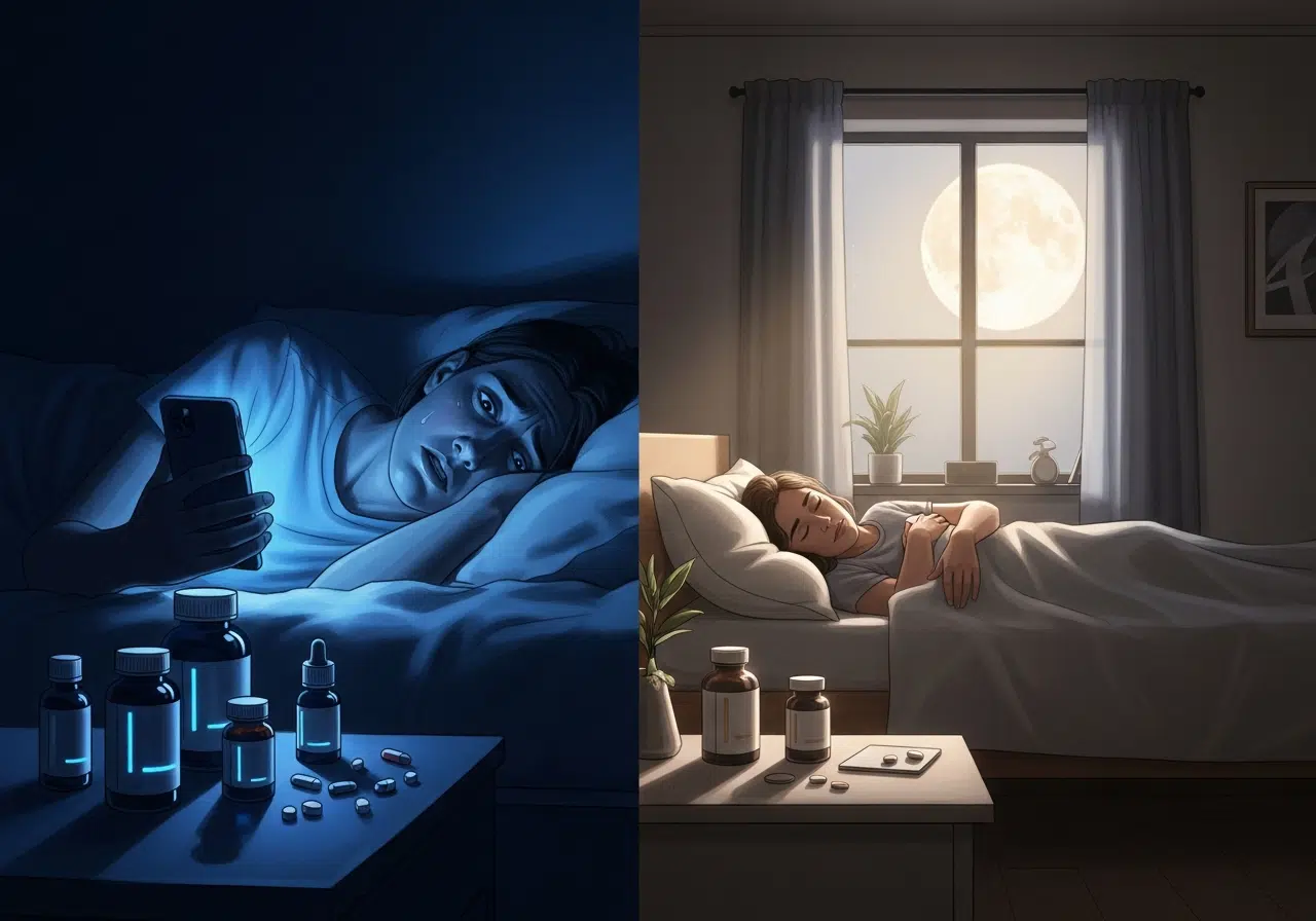 Ilustración conceptual de una pantalla dividida: a la izquierda, insomnio con suplementos; a la derecha, un sueño tranquilo y reparador.