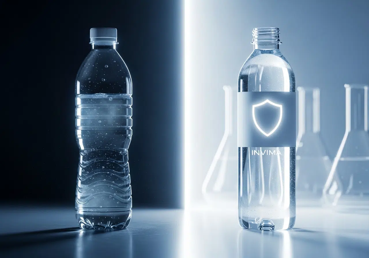 Ilustración conceptual de una alerta sanitaria mostrando el contraste entre una botella de agua pura y certificada y otra fraudulenta y turbia.
