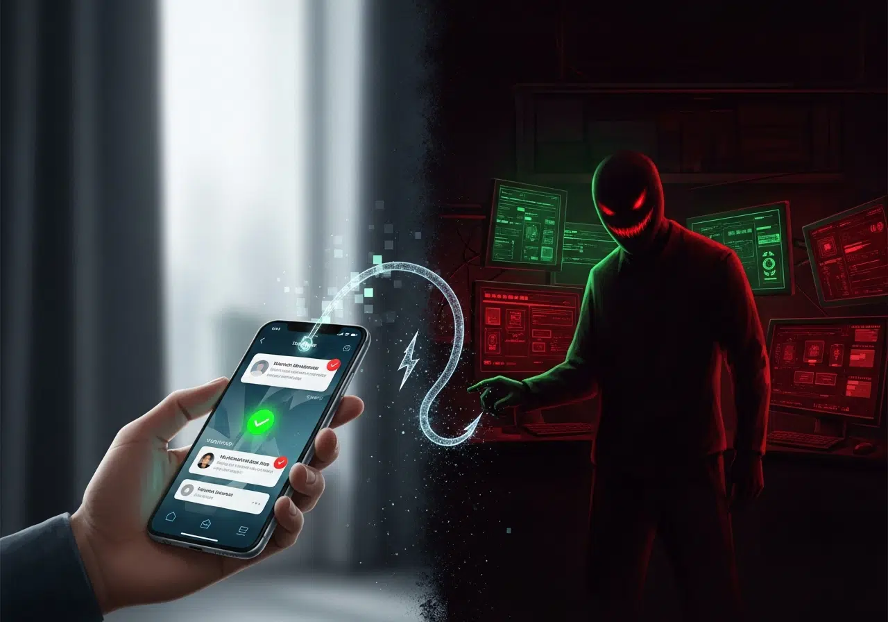 Ilustración conceptual de estafa en WhatsApp: un teléfono con un mensaje falso y un ciberdelincuente acechando en las sombras.