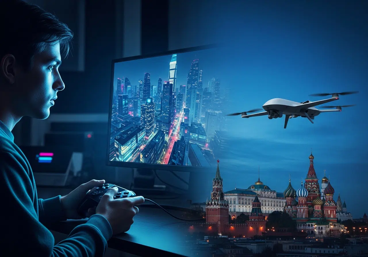 Ilustración conceptual dividida: a la izquierda, un piloto de drones entrenando con un videojuego; a la derecha, un dron sobrevolando el Kremlin.