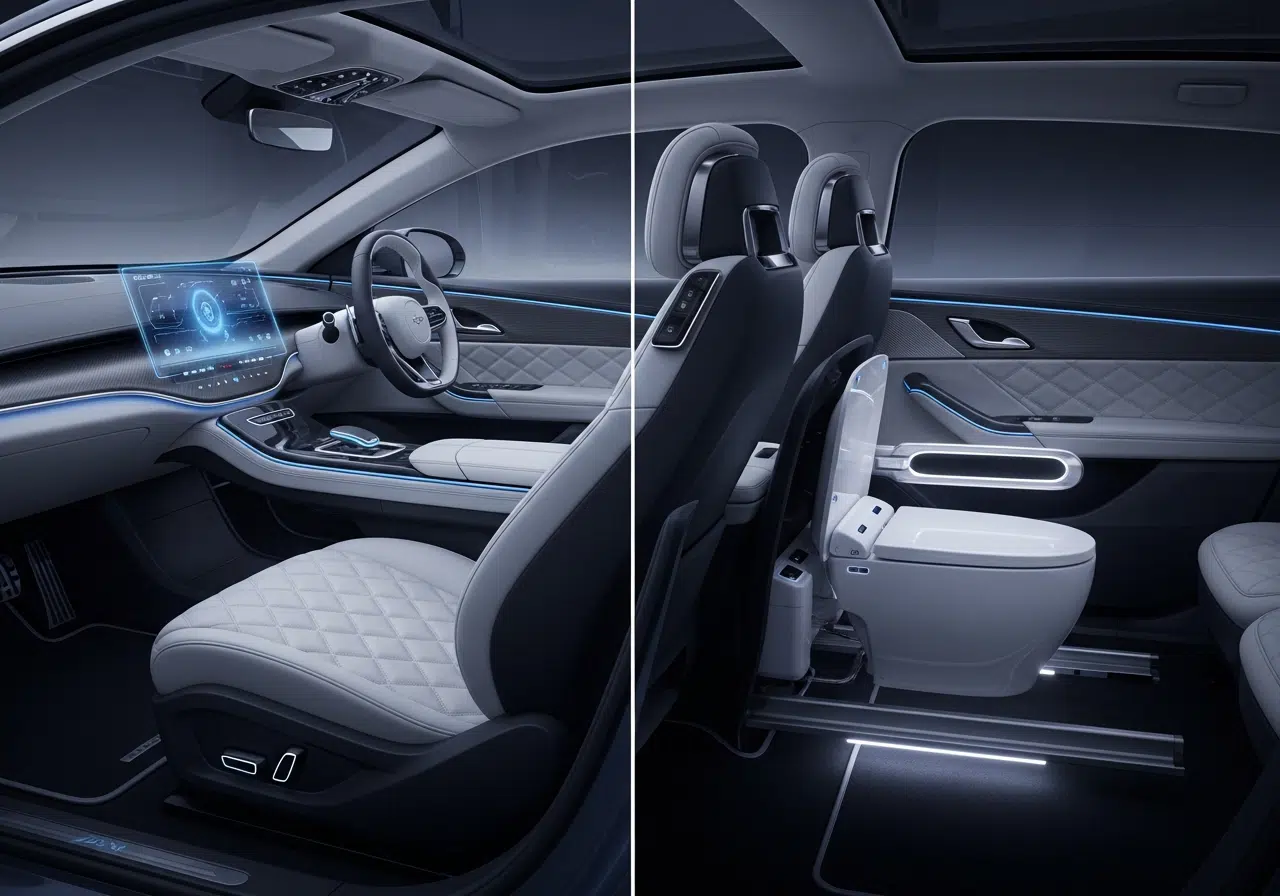Ilustración conceptual de un coche de lujo con un inodoro secreto desplegable, mostrando el interior antes y después de la activación del dispositivo.