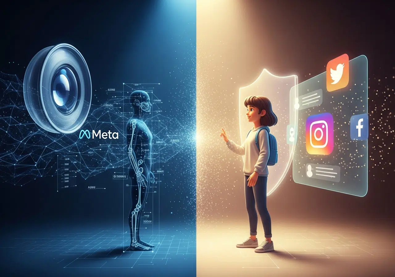 Ilustración conceptual de la IA de Meta: un lado muestra una oscura vigilancia digital y el otro un usuario protegido en un entorno digital seguro y luminoso.