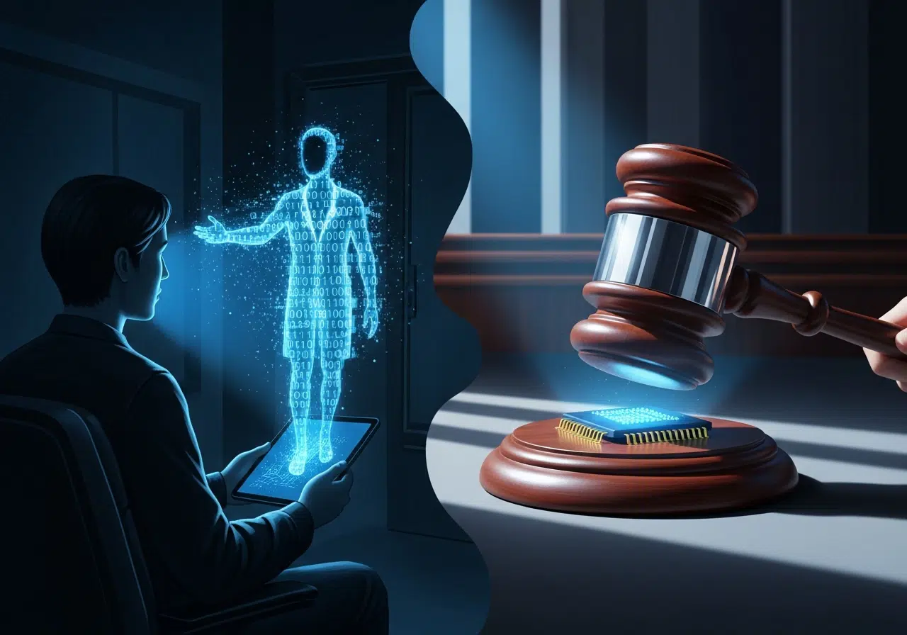 Ilustración conceptual del engaño de chatbots médicos falsos y la respuesta legal de la justicia.