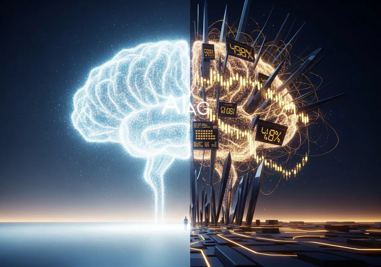 Ilustración conceptual sobre la batalla por la inteligencia artificial: el idealismo humanitario contra la comercialización corporativa.