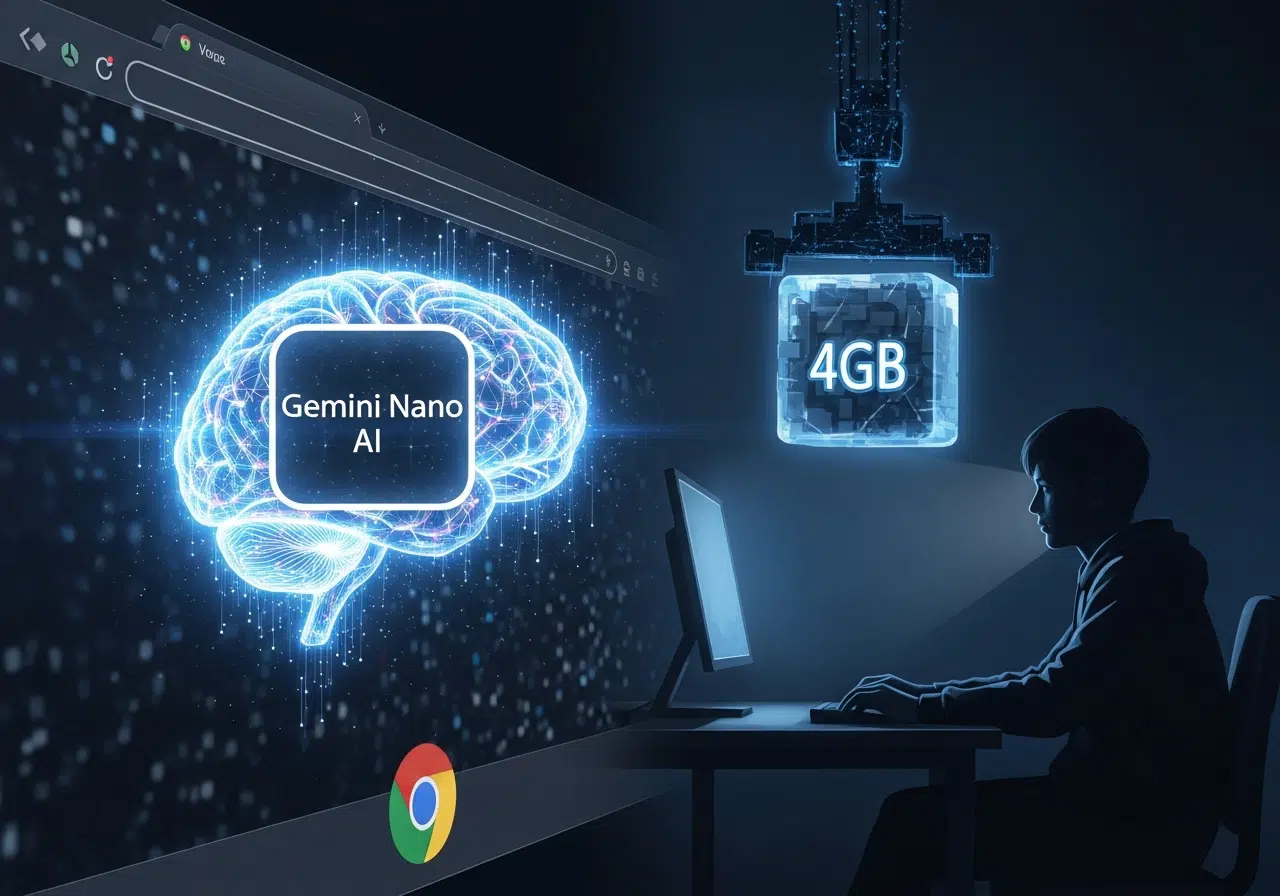El cerebro de la IA de Google Chrome y un usuario recibiendo una descarga de datos sin su consentimiento.