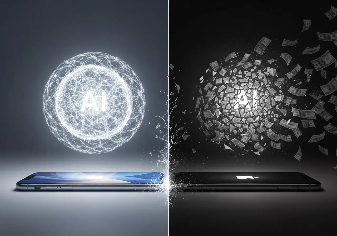 Fallo de la IA de Apple: una ilustración muestra la promesa de Siri rota y convertida en dinero.