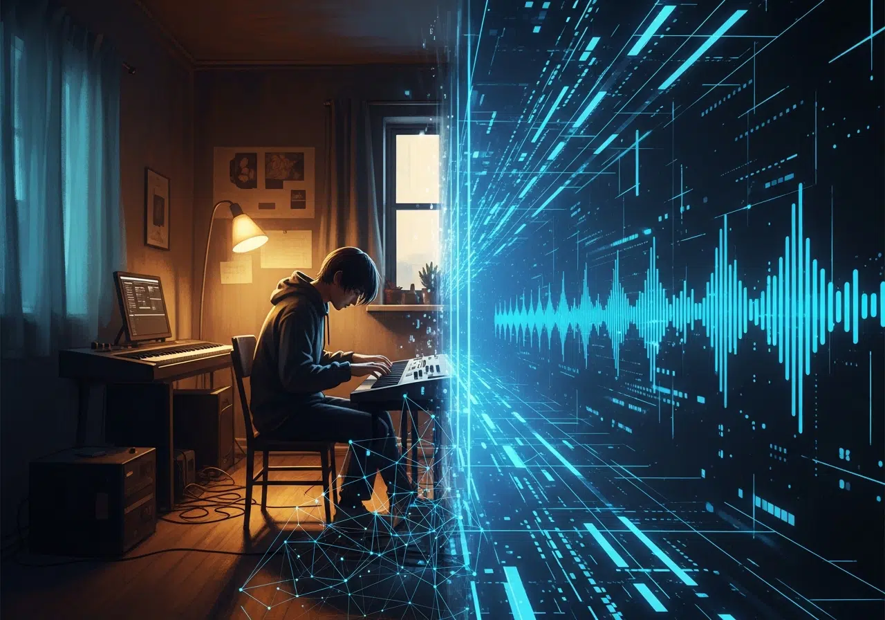 Ilustración conceptual de un músico humano a la izquierda y una red de datos de IA a la derecha, simbolizando el conflicto en la industria musical.