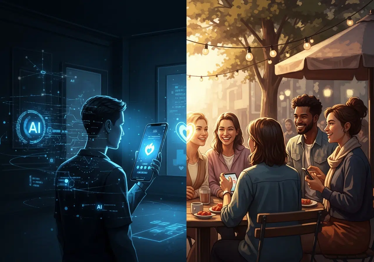 Ilustración conceptual del contraste entre la soledad digital de Tinder y la conexión humana real.