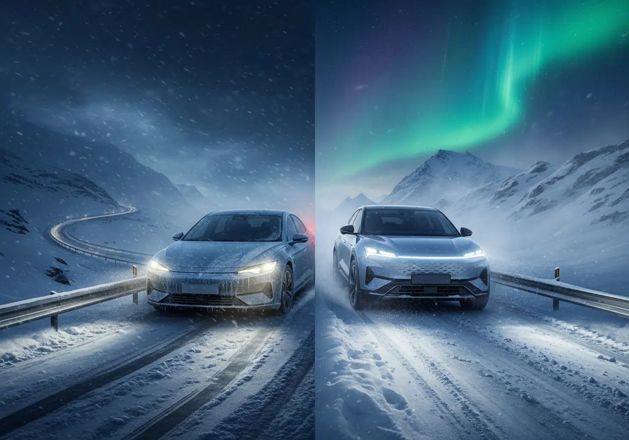Ilustración conceptual de coches eléctricos en un paisaje nevado de Noruega, contrastando un modelo nuevo triunfante con uno antiguo que falla en el frío.