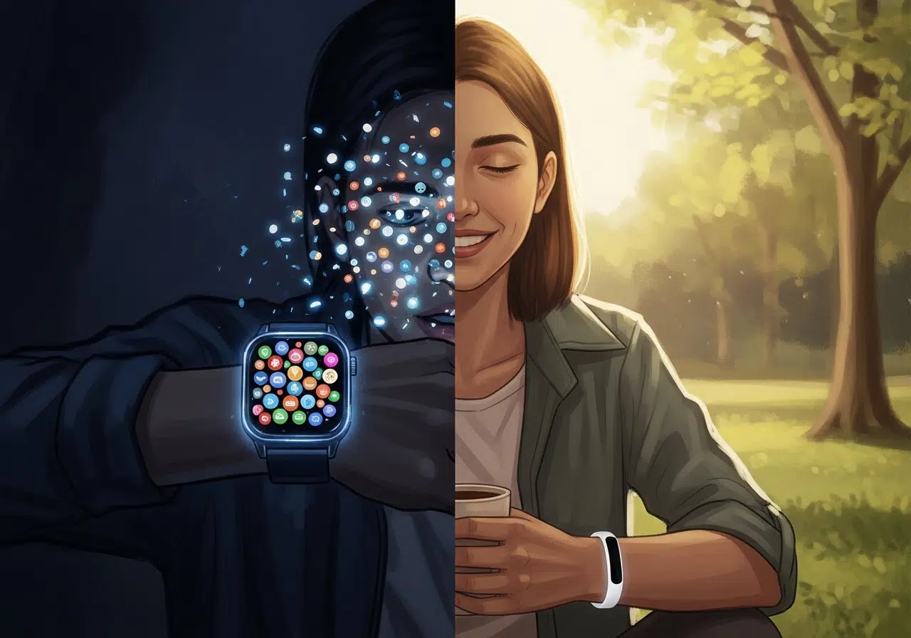 Ilustración de la transición de la distracción de un smartwatch a la serenidad de la vida real con un rastreador invisible y minimalista.