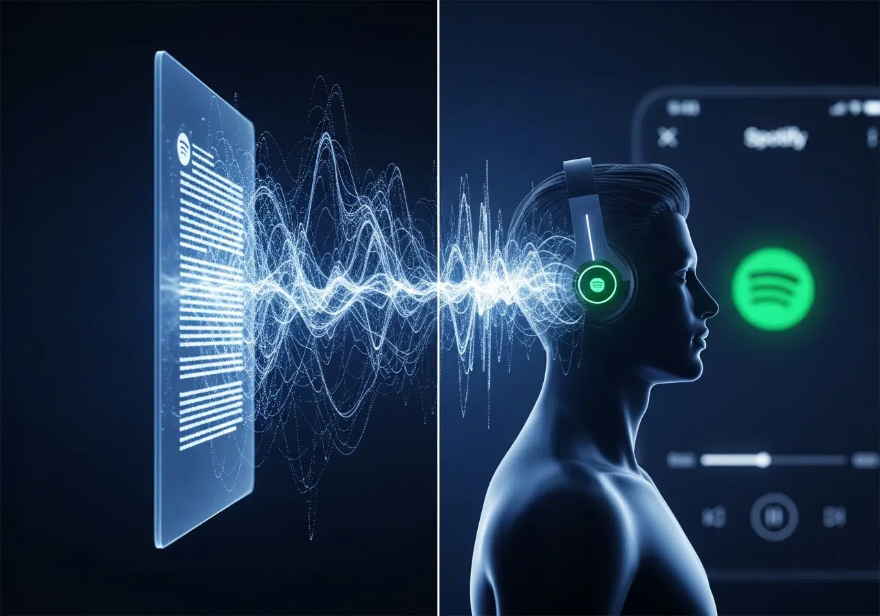 IA de Spotify convirtiendo texto en ondas de audio para un podcast personalizado.