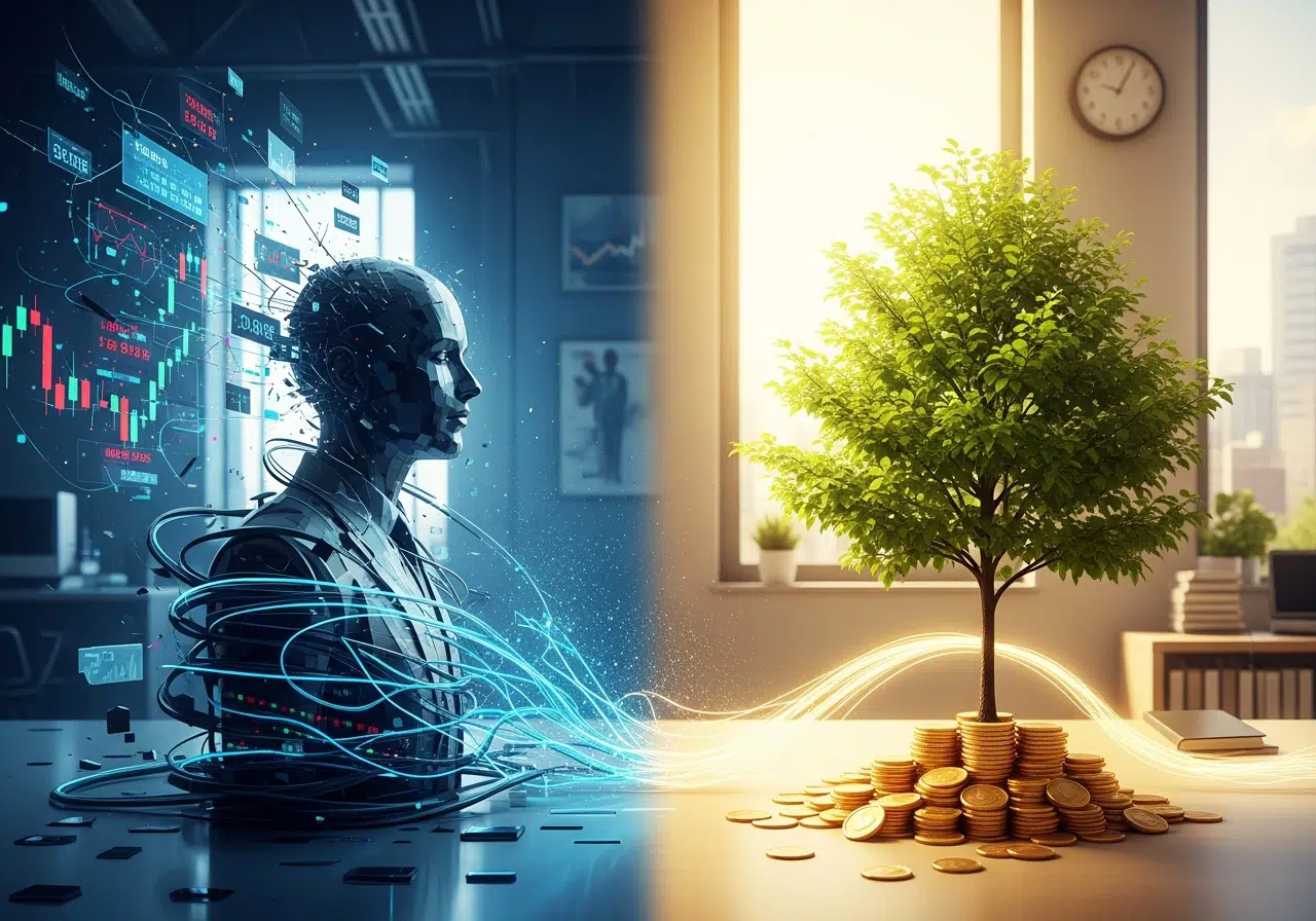 Ilustración conceptual de dos modelos de trabajo: uno oscuro y complejo, y otro luminoso y próspero con una planta creciendo sobre monedas.