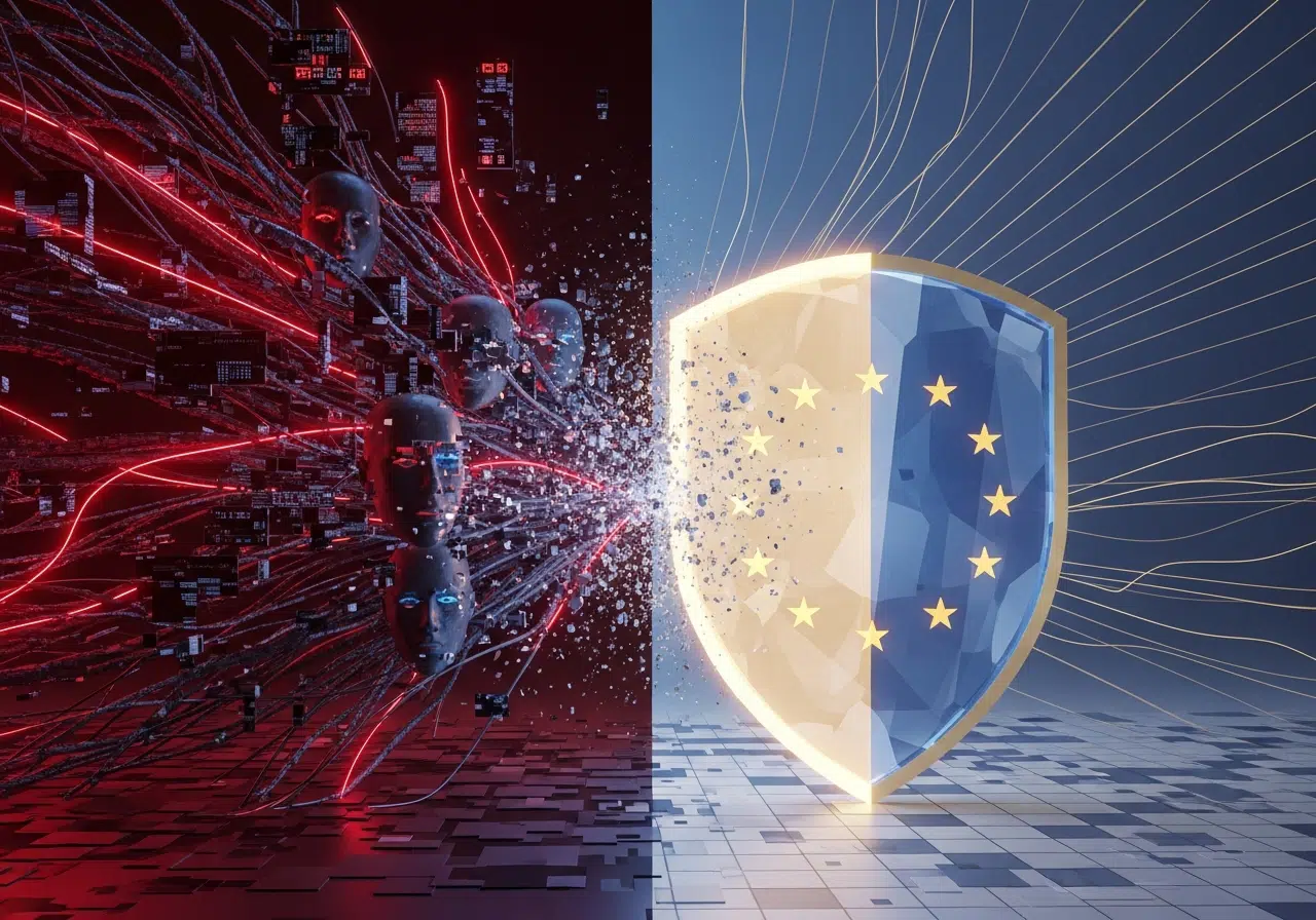 Ilustración conceptual de la regulación europea de IA protegiendo a la sociedad del contenido dañino.