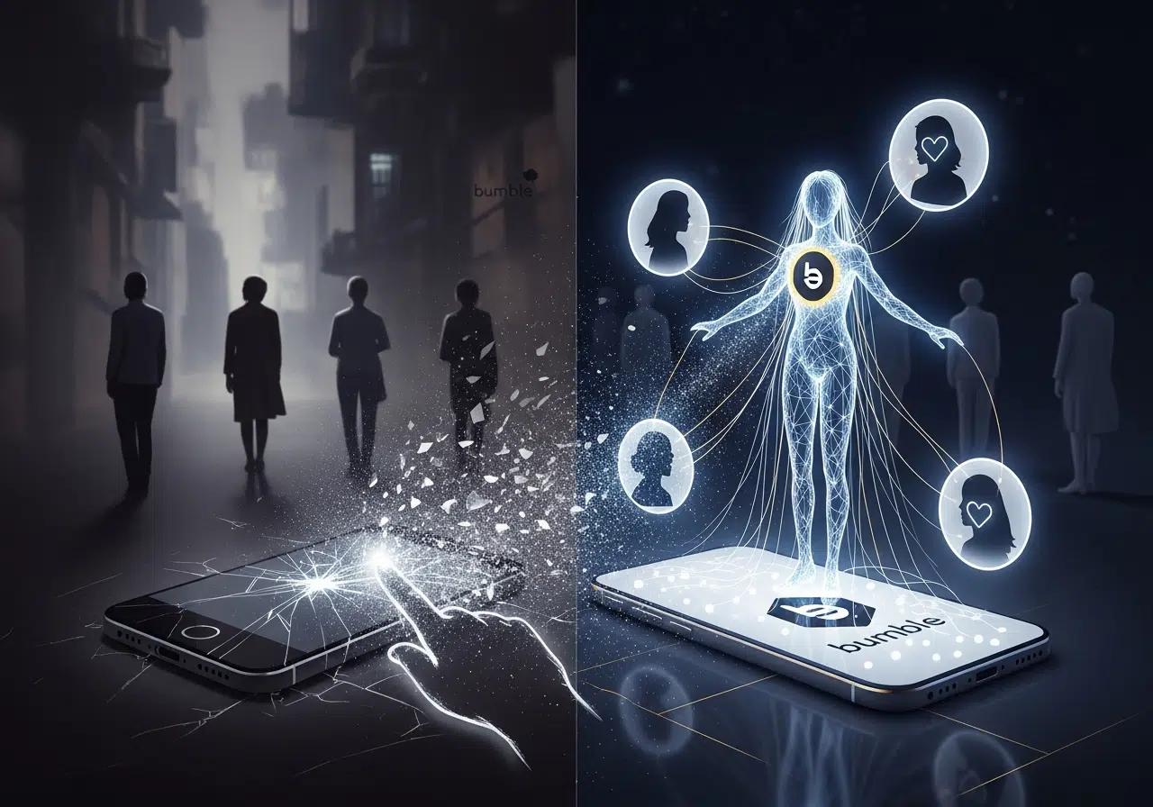 Ilustración conceptual de la crisis del 'swipe' en citas y la solución con inteligencia artificial de Bumble.
