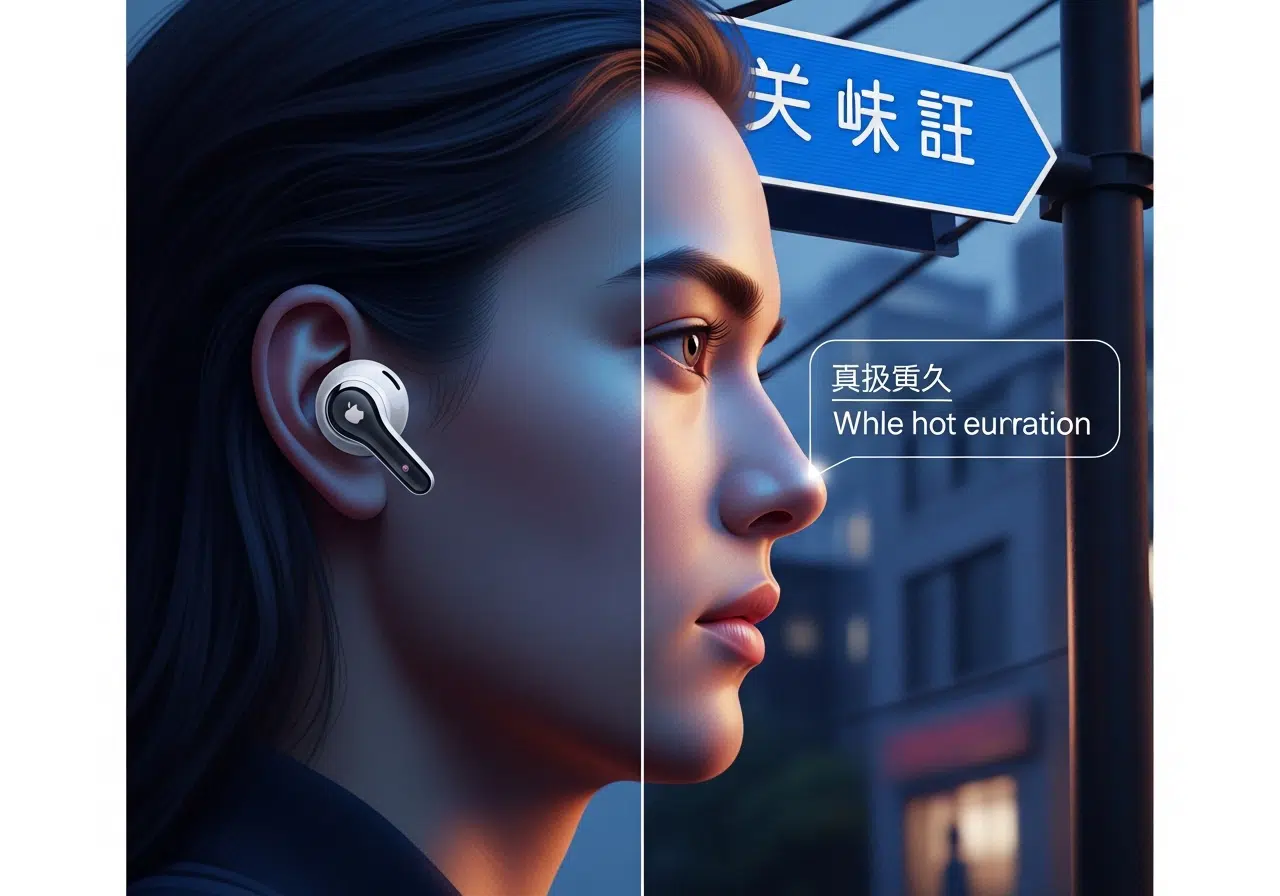 Ilustración conceptual de los nuevos AirPods con cámara e inteligencia artificial, mostrando la visión de la IA traduciendo una señal en tiempo real.