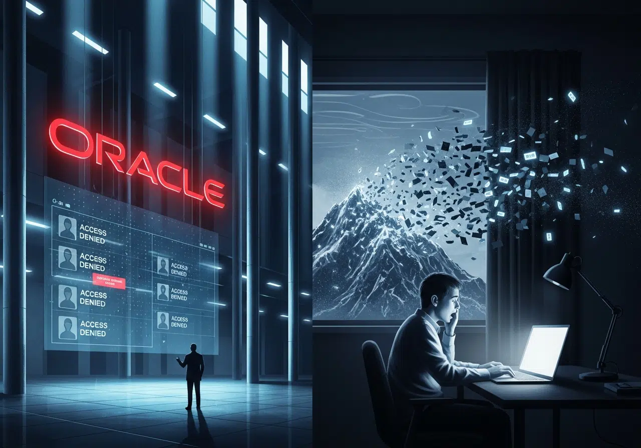 Ilustración conceptual de despidos en Oracle: ejecutivo en oficina fría y empleado perdiendo sus acciones.