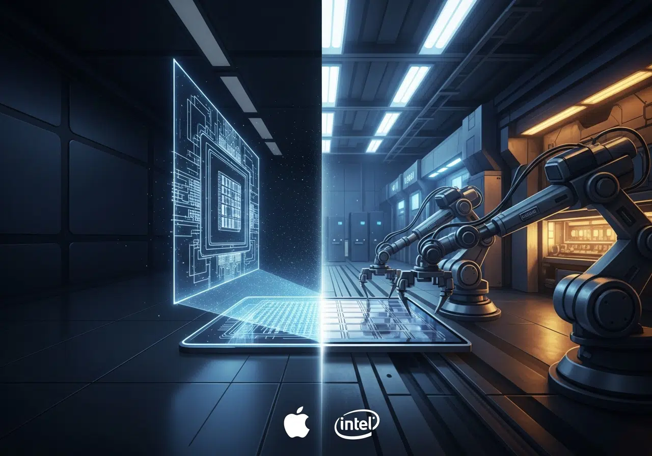 Ilustración artística de la alianza entre Apple e Intel para fabricar los futuros chips de iPhone y Mac.