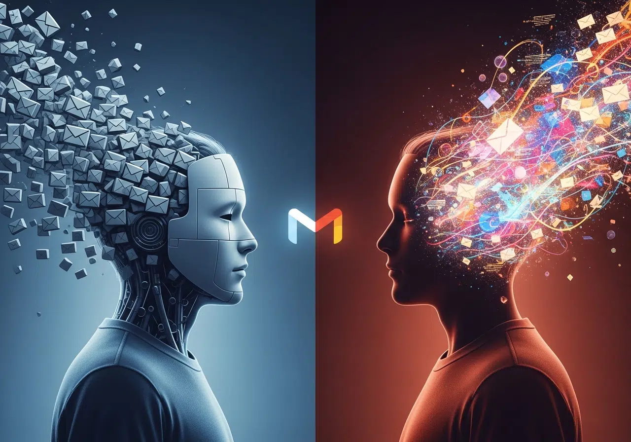 Ilustración conceptual del dilema de la IA: de la comunicación robótica a una personalidad digitalizada y vibrante.