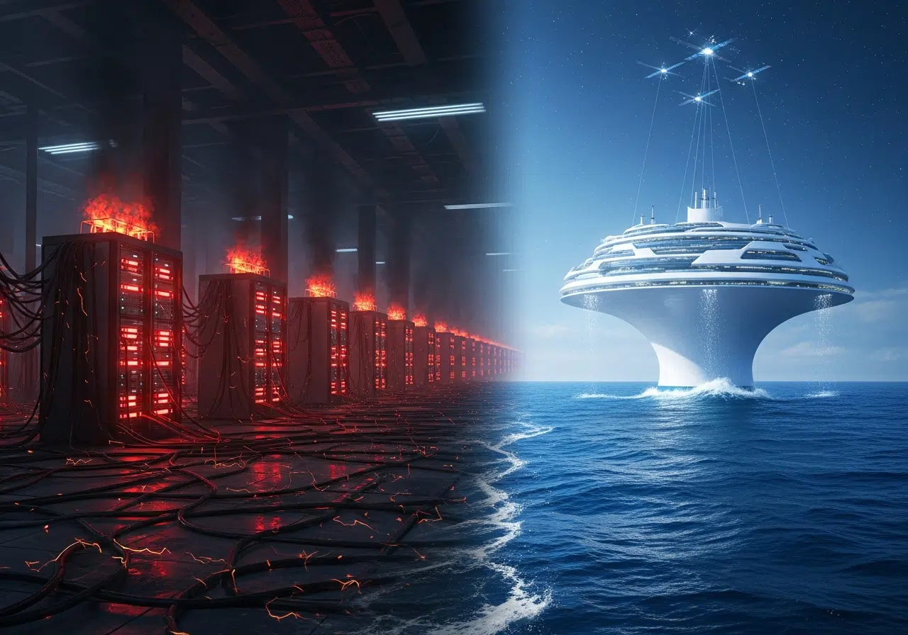Ilustración conceptual de la crisis energética de la IA y su solución con centros de datos marinos flotantes.
