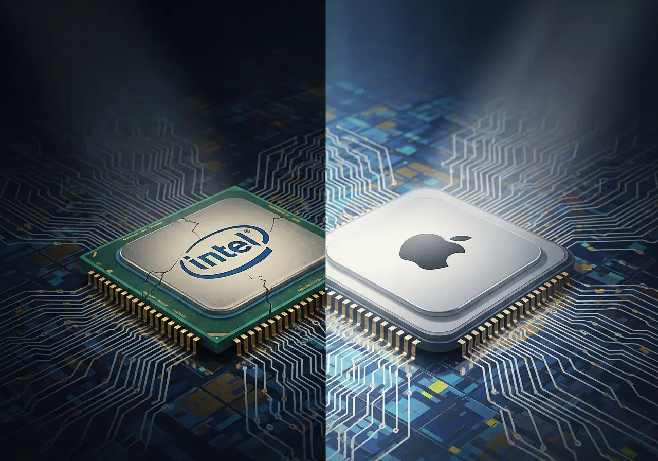 Ilustración conceptual dividida que contrasta un chip Intel antiguo y sombrío con un brillante chip de Apple Silicon.