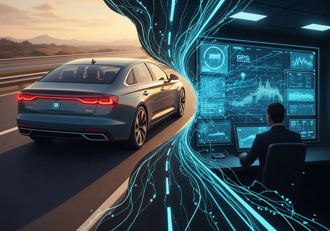 Ilustración de un coche moderno vigilado, con sus datos de conducción vendidos en secreto, mostrando el conflicto entre tecnología y privacidad.